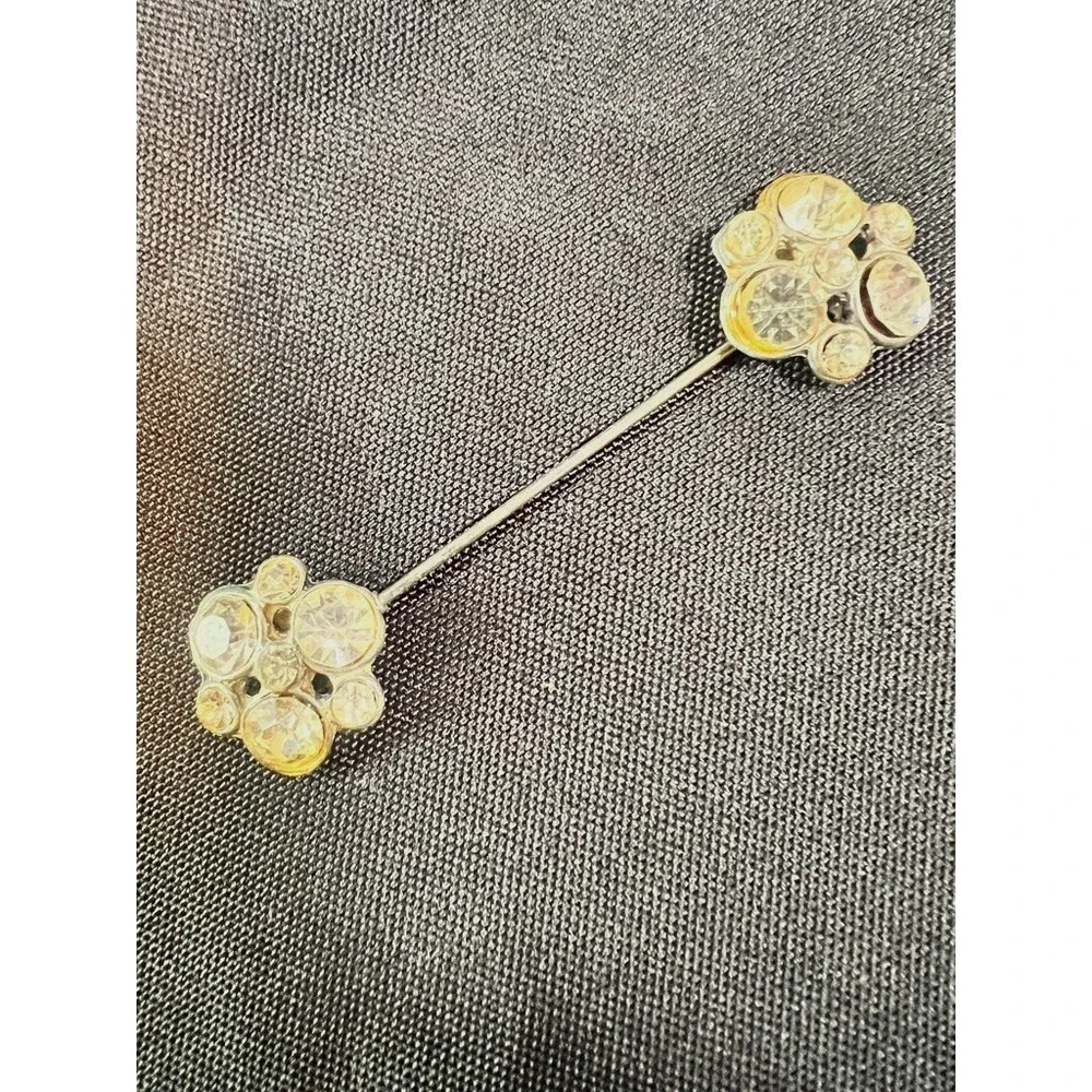 Vintage Rhinestone Collar Pin Silver Tone Double Floral Ends Bar Brooch 2.25